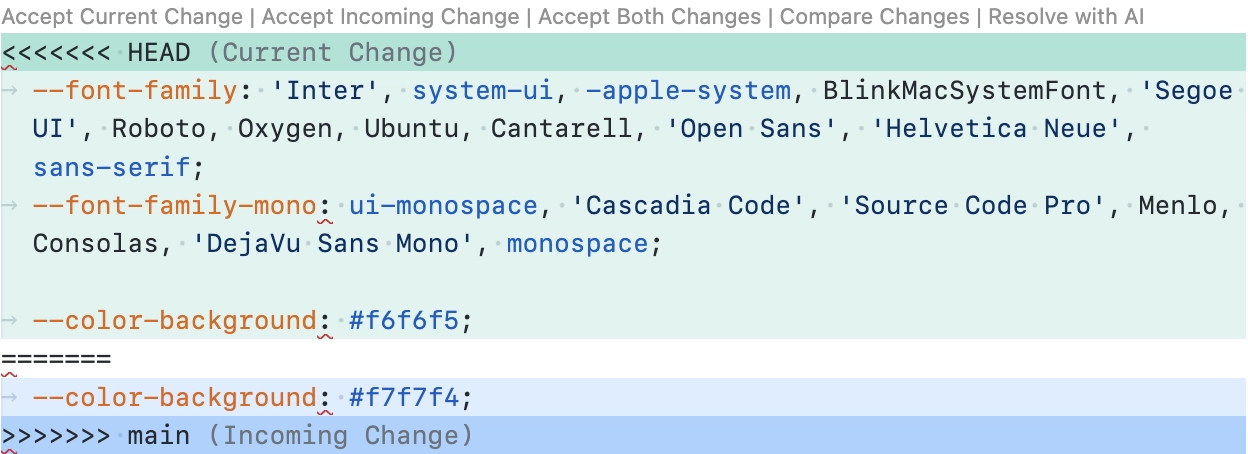 Screenshot of an example Git conflict, shown in Cursor editor