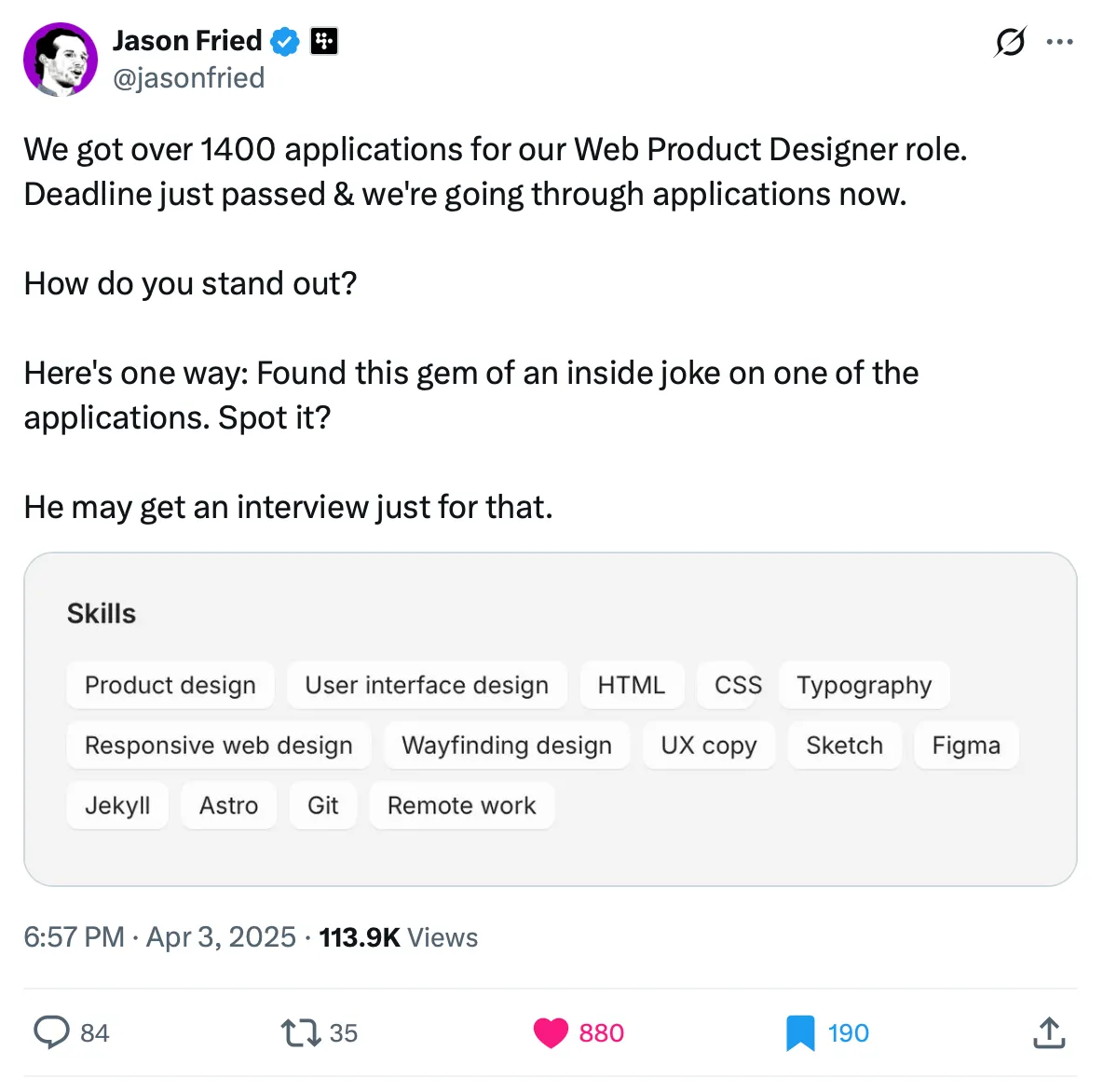 A tweet by Jason Fried with a screenshot from my CV website (cv.zaytsev.io)