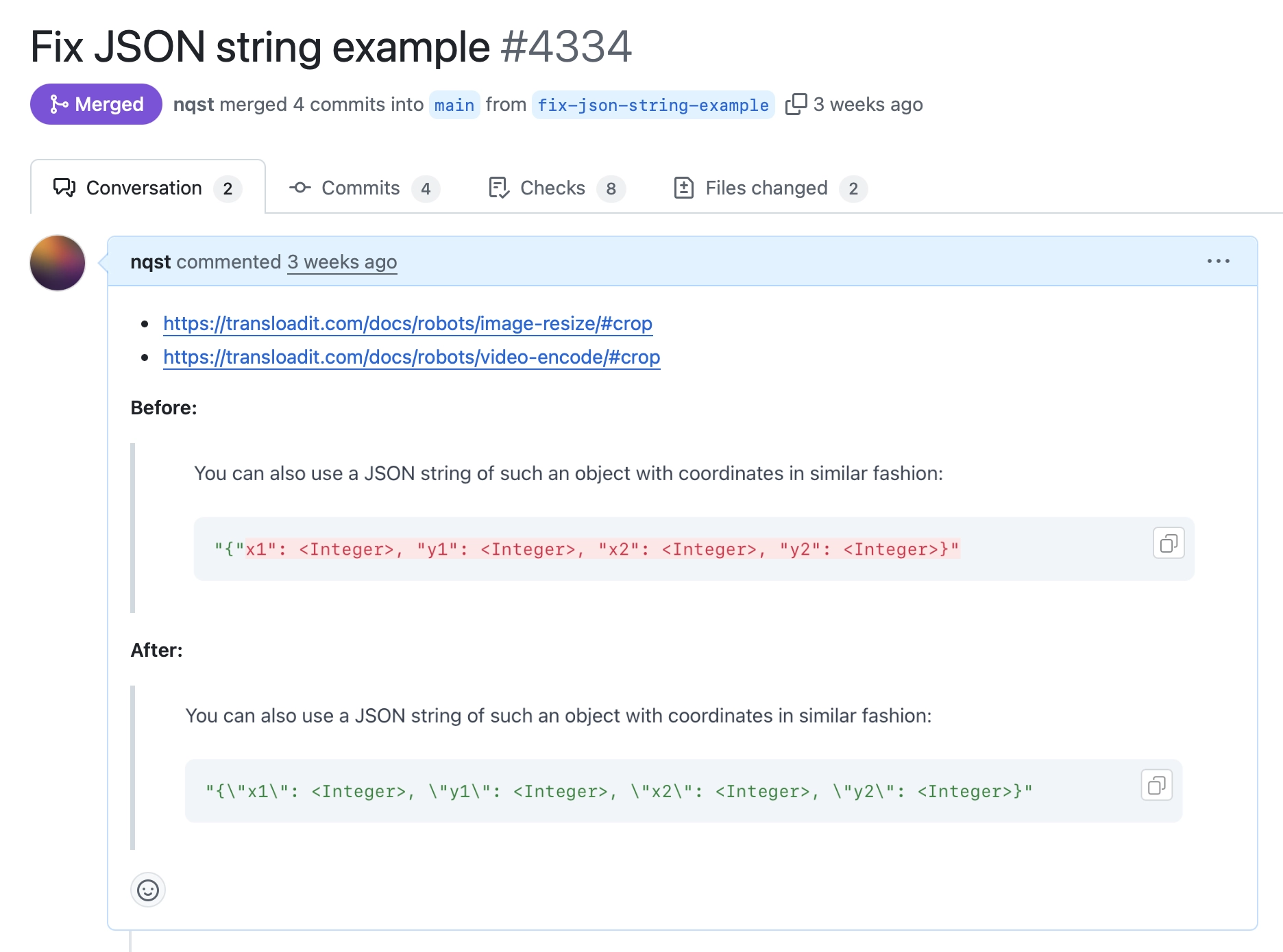 Screenshot of an example Pull Request description