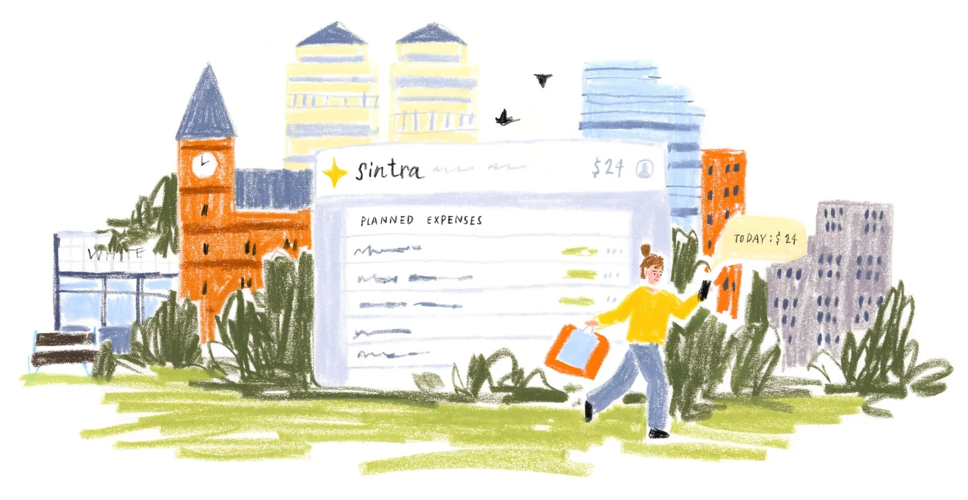 Illustrated city scene with a person carrying a bag and checking a floating budget screen labeled ‘Sintra’ showing planned expenses