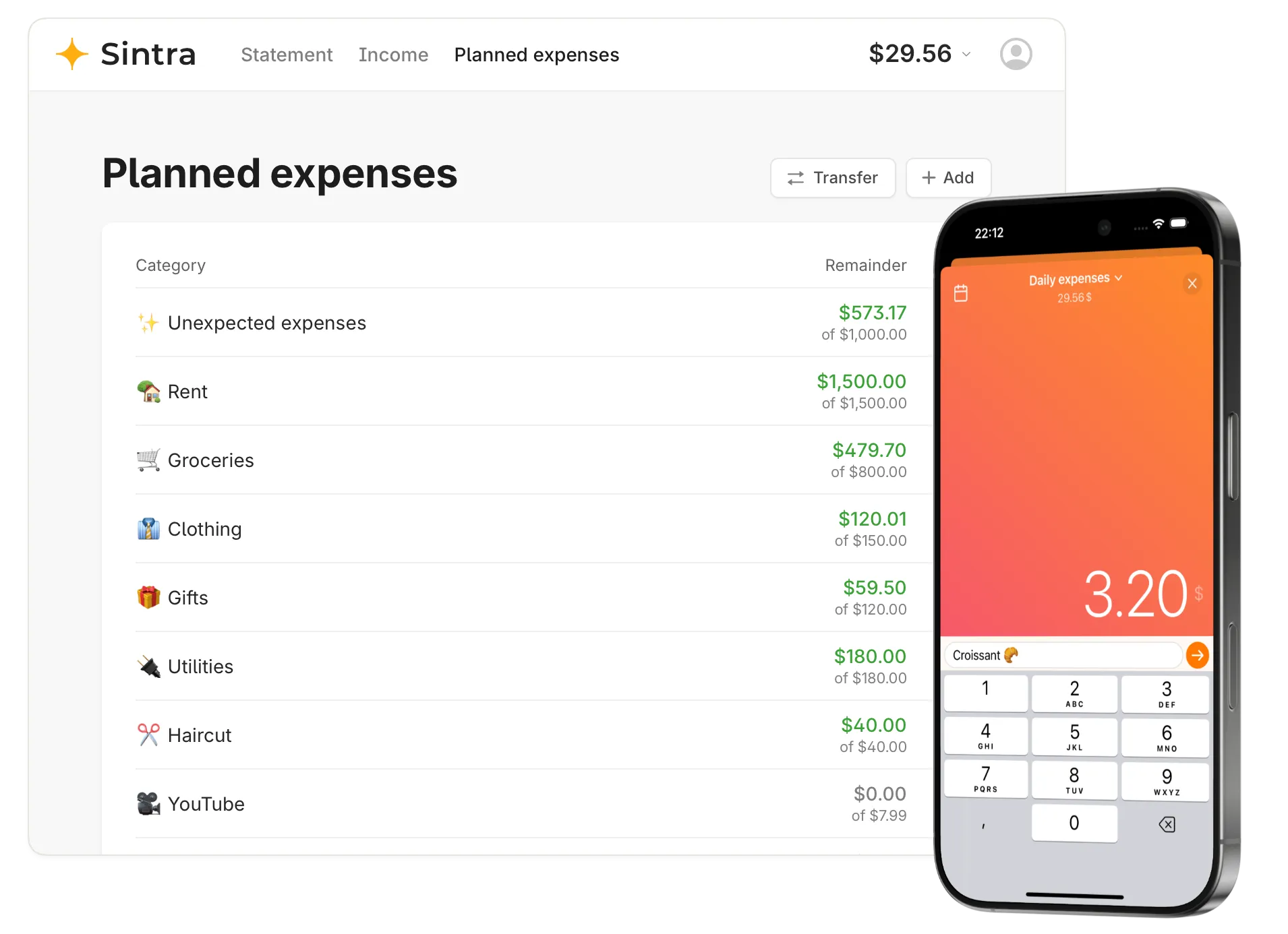Sintra budget: Web and mobile version
