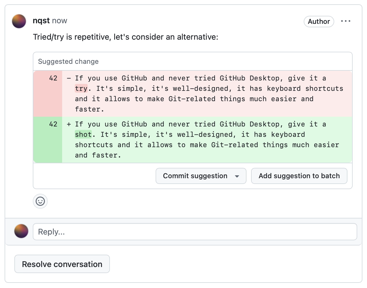 Screenshot of a suggestion in a Pull Request on GitHub
