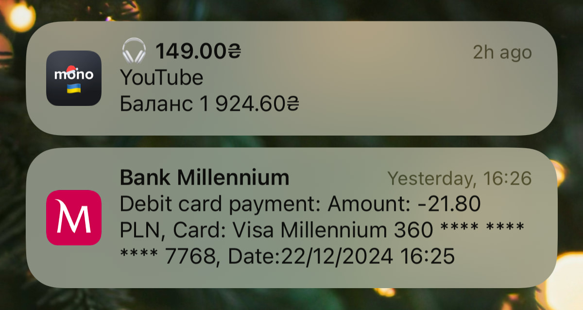 Two push notifications from different banks, one is concise and clear, second is full of robotic text