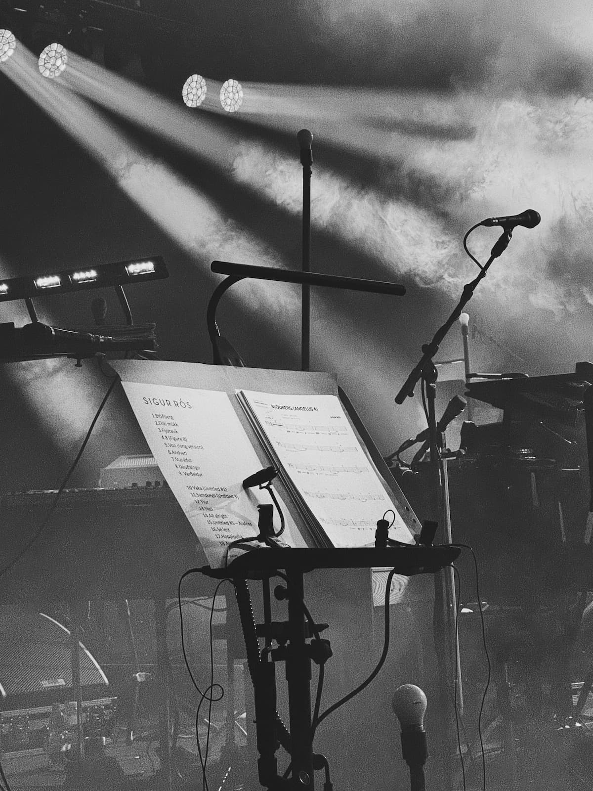 A black-and-white photo of a Sigur Rós concert stage setup